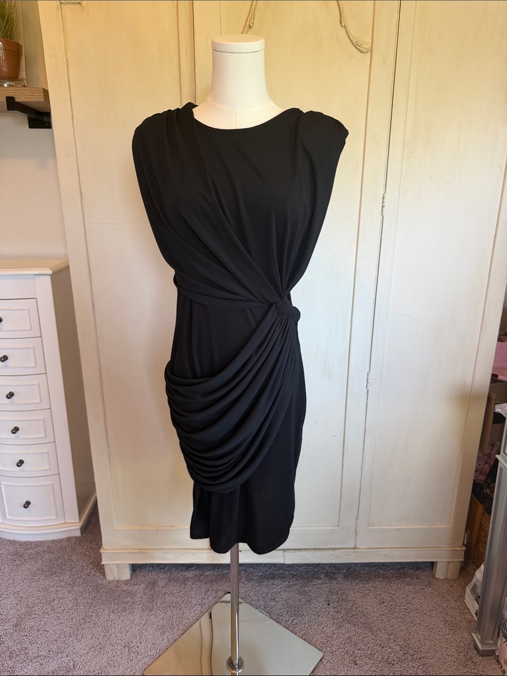 Draped Side-Knot Black Midi Dress